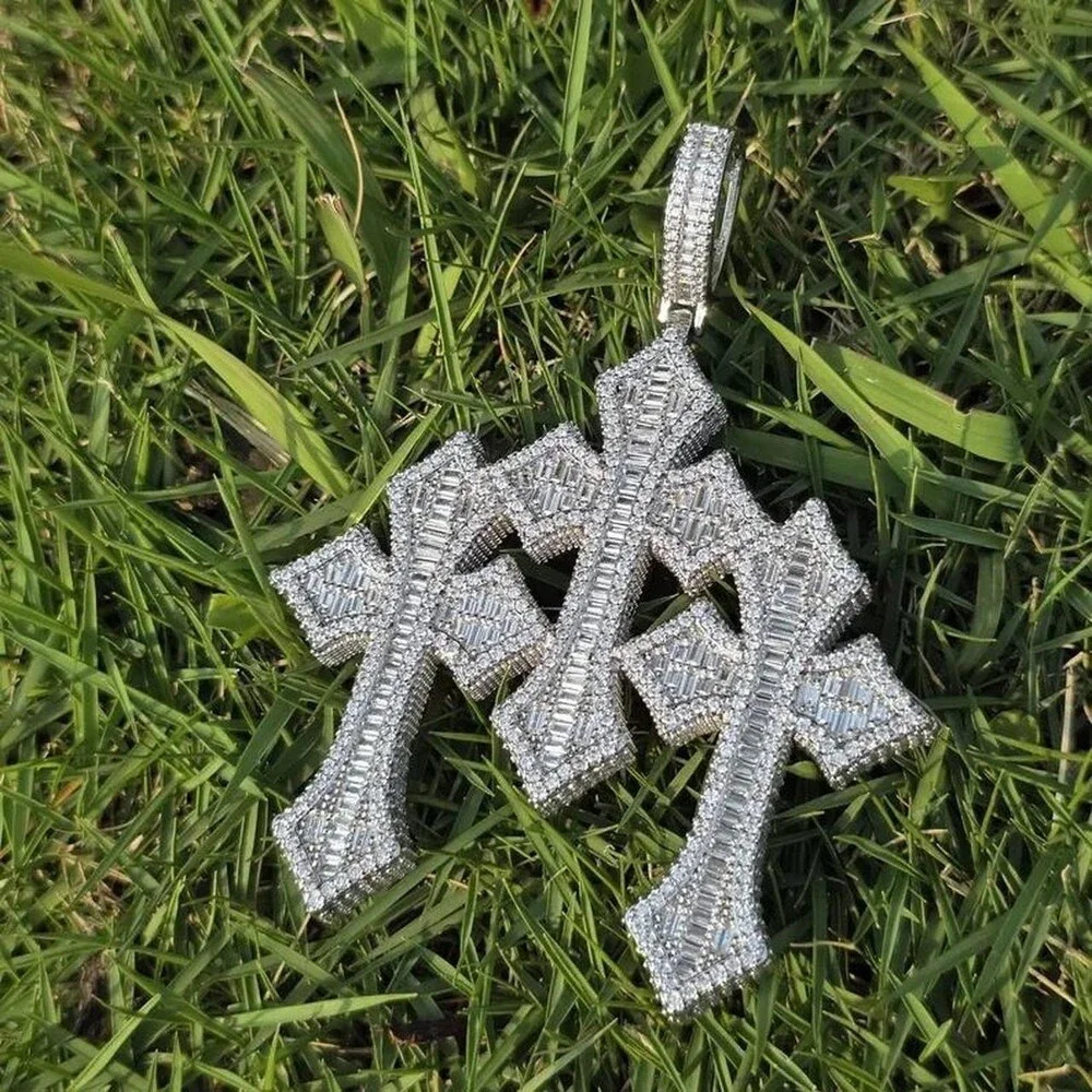 Silver Triple Cross Pendant Necklace 24inch rope chain